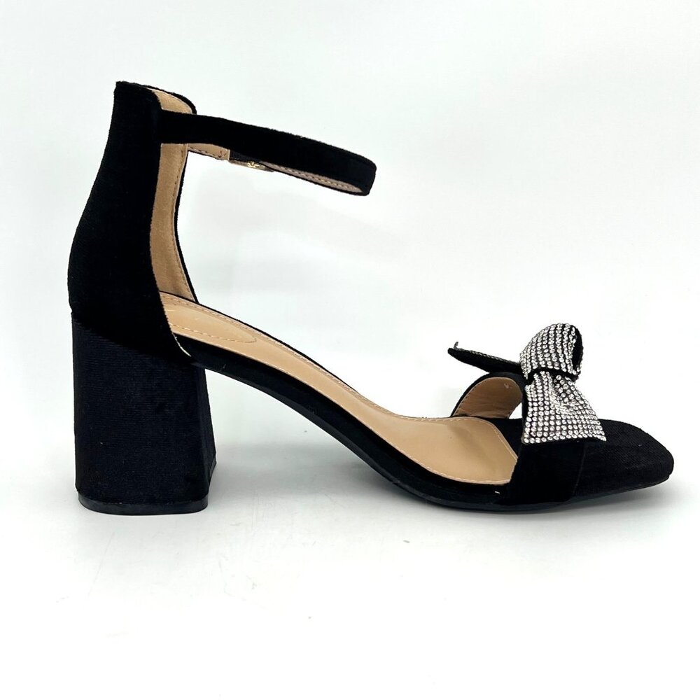 Comfort Black Velvet Ankle Strap Block Heels Womens Shoes Size 8 Rhinestone Bow - Picture 11 of 16